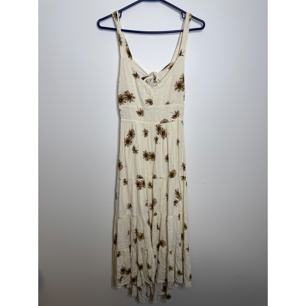 VICI Midi Dress Womens Large Cream Brown Excellent Floral Tie Back Tiered Boho